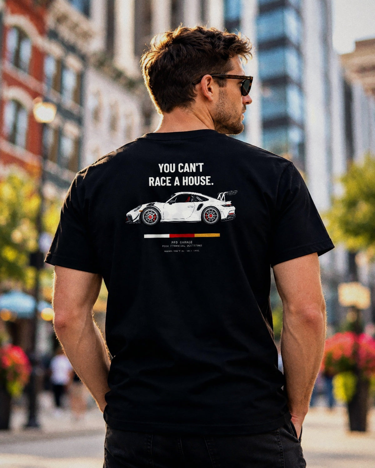 You Can't Race A House 992 tee in black, worn