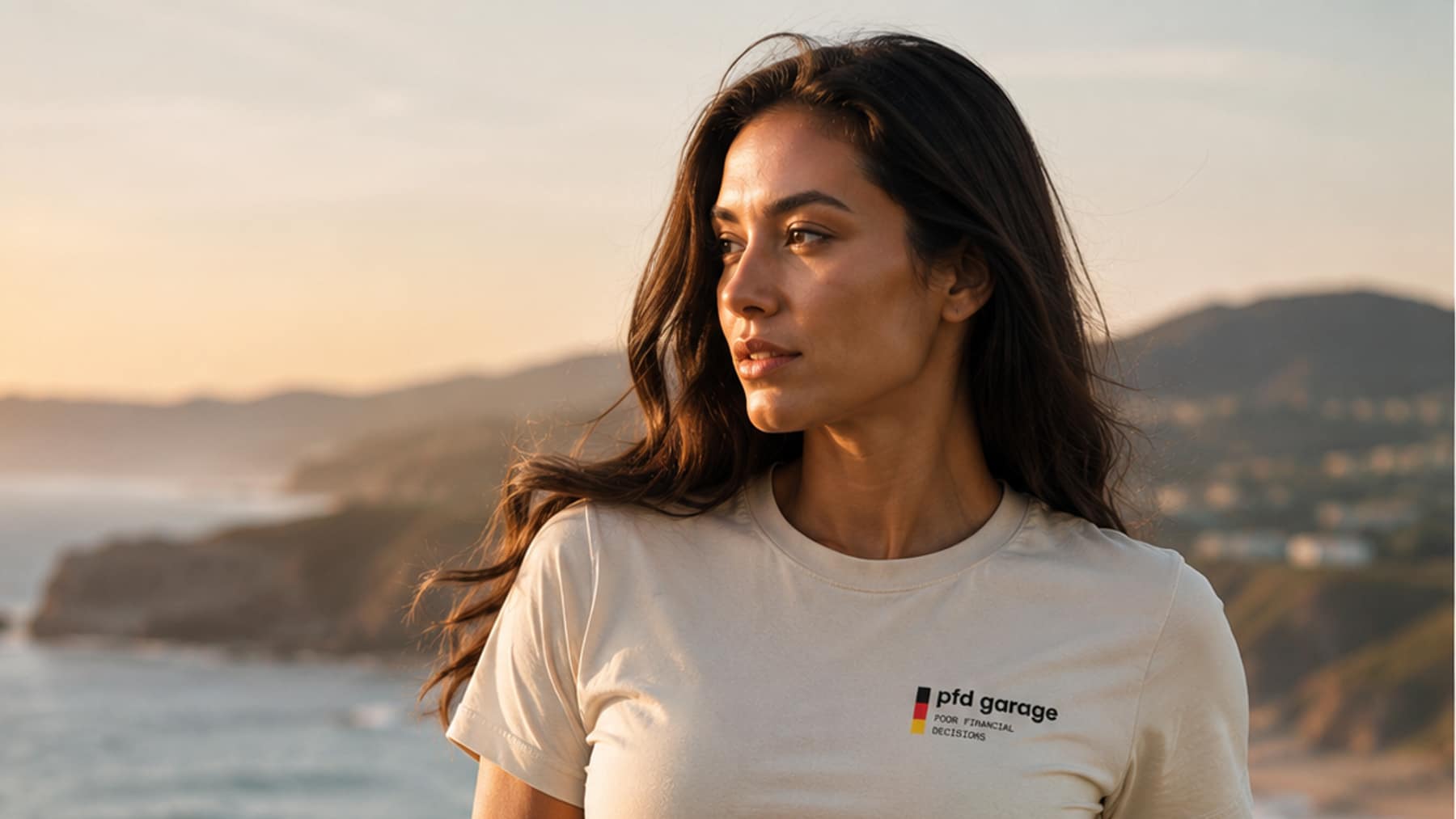 Woman wearing a sand tee with the pfd garage wordmark on the left chest, on a coastal cliffside at sunset