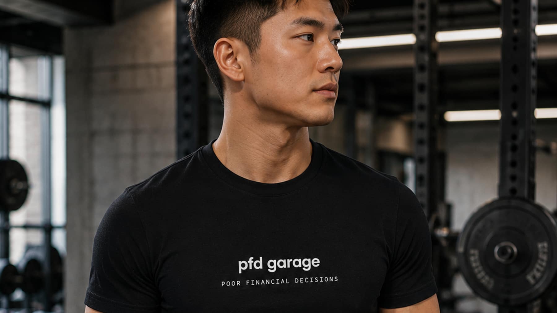 Man wearing a black tee with the pfd garage wordmark and Poor Financial Decisions printed across the centre chest, in a gym