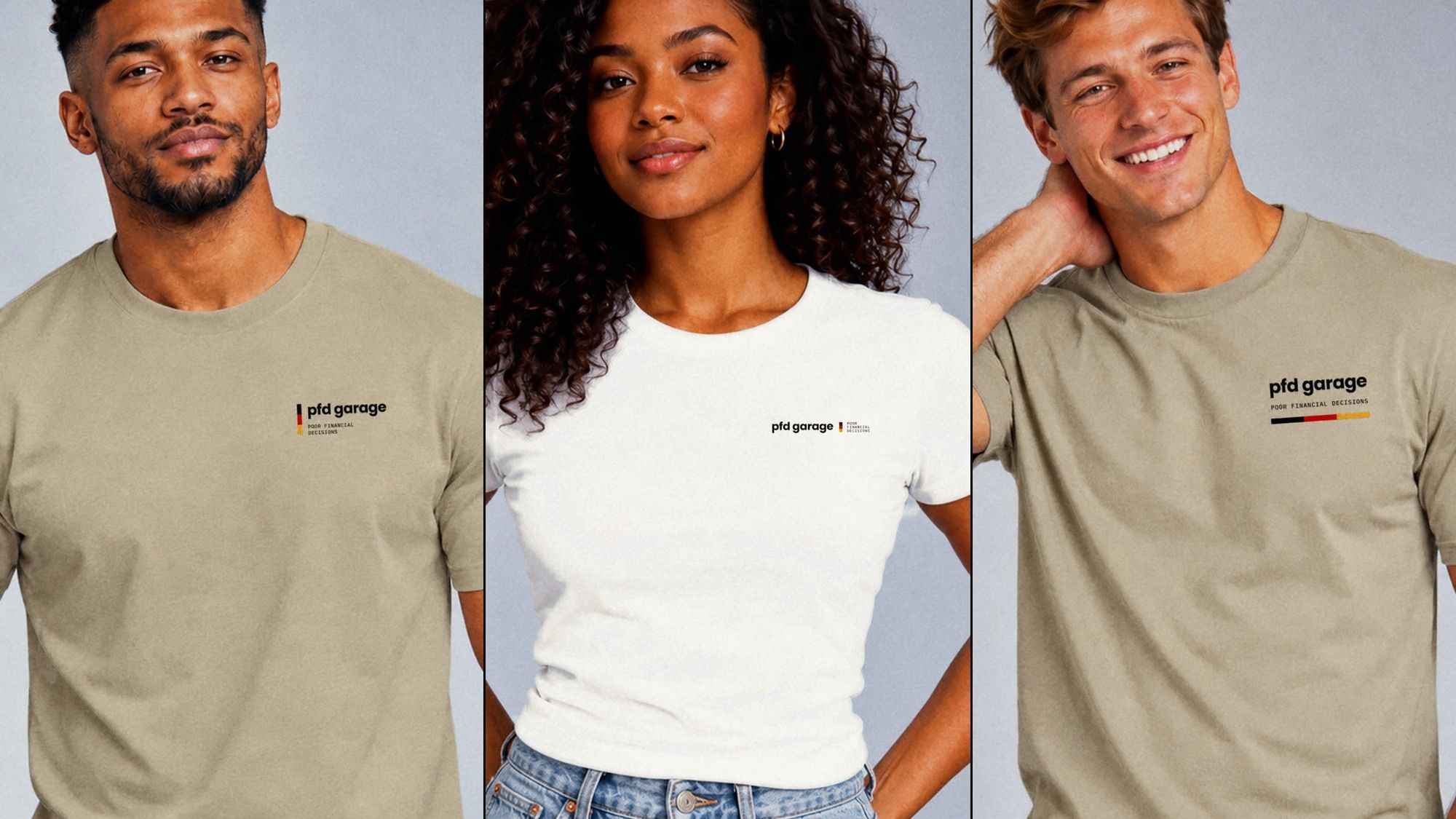Three studio portraits in light colours: a man in a sand tee, a woman in a white tee and a man in a mushroom tee, each with a pfd garage lockup on the chest