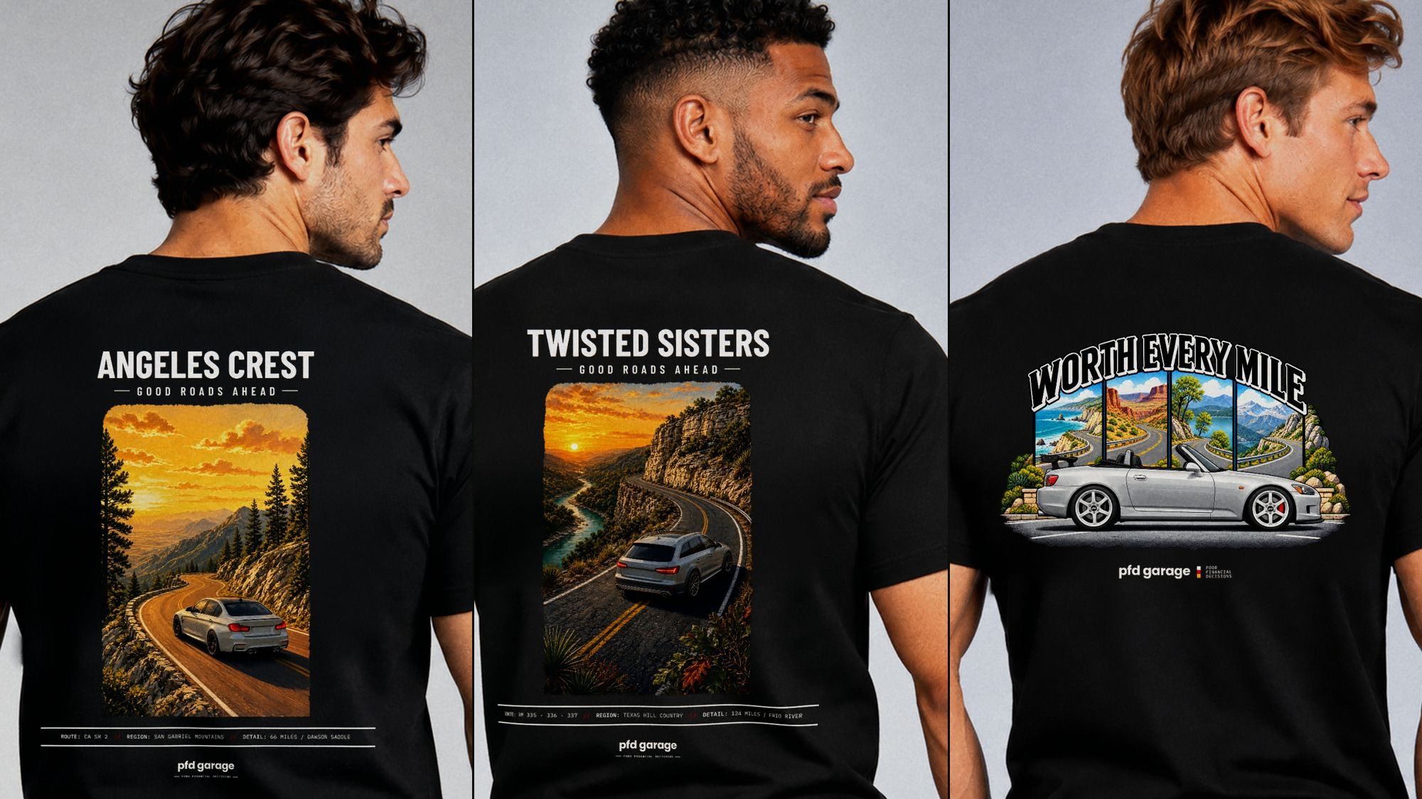 Three men from behind in black Good Roads tees: Angeles Crest, Azusa Canyon and Scenic Byway 12